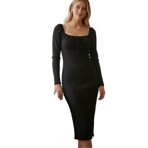 NO COMMENT Long Sleeve Lace Fitted Stretch Maxi Dress, Color Black, Size Medium